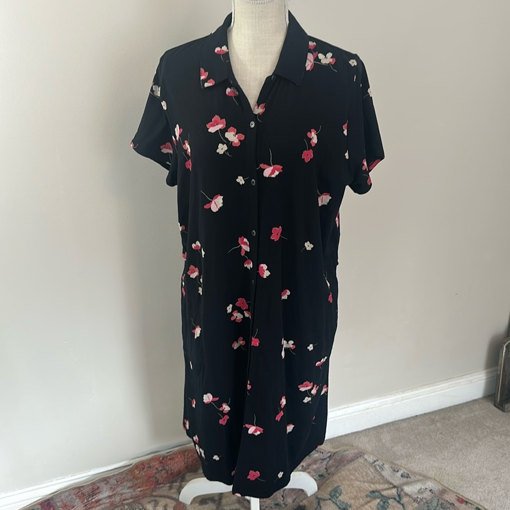 J. Jill Black Floral Midi Dress with Pink and White Accents